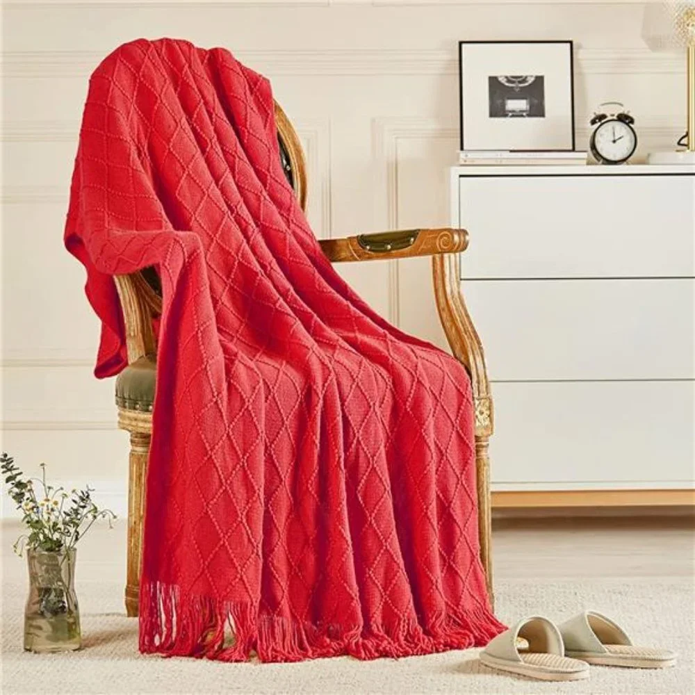 Decorative Knitted Throw Blankets Soft Cozy Blanket with Tassel, Red